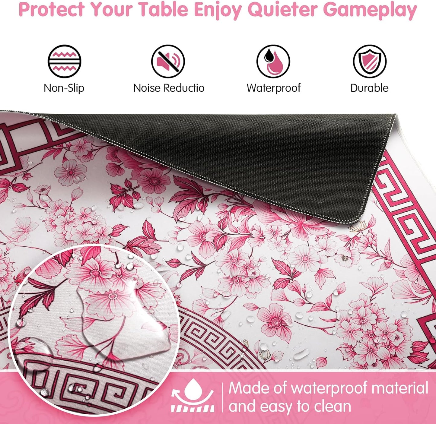 Mahjong Mat for Table 33x33 Inch, No-Crease, Anti-Slip, Noise-Reducing American Mahjong Mat, Mahjong Table Mat with Carry Bag, Neoprene Mahjong Mat for Poker, Card, Board(Pink)