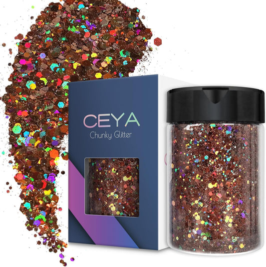 Ceya Holographic Chunky Glitter, 4.9oz/ 140g Brown Craft Glitter Powder Mixed Chunky & Fine Flakes Iridescent Nail Sequins for Nail Art, Hair, Epoxy Resin, Tumblers, Slime, Painting, Festival Decor