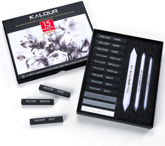 KALOUR 15 Pro Compressed Charcoal Drawing Set with Blending Stumps- Soft,Medium,Hard and White Charcoal - Charcoal Sticks for Drawing Sketching Shading - Art Supplies for Artists Beginners Adults