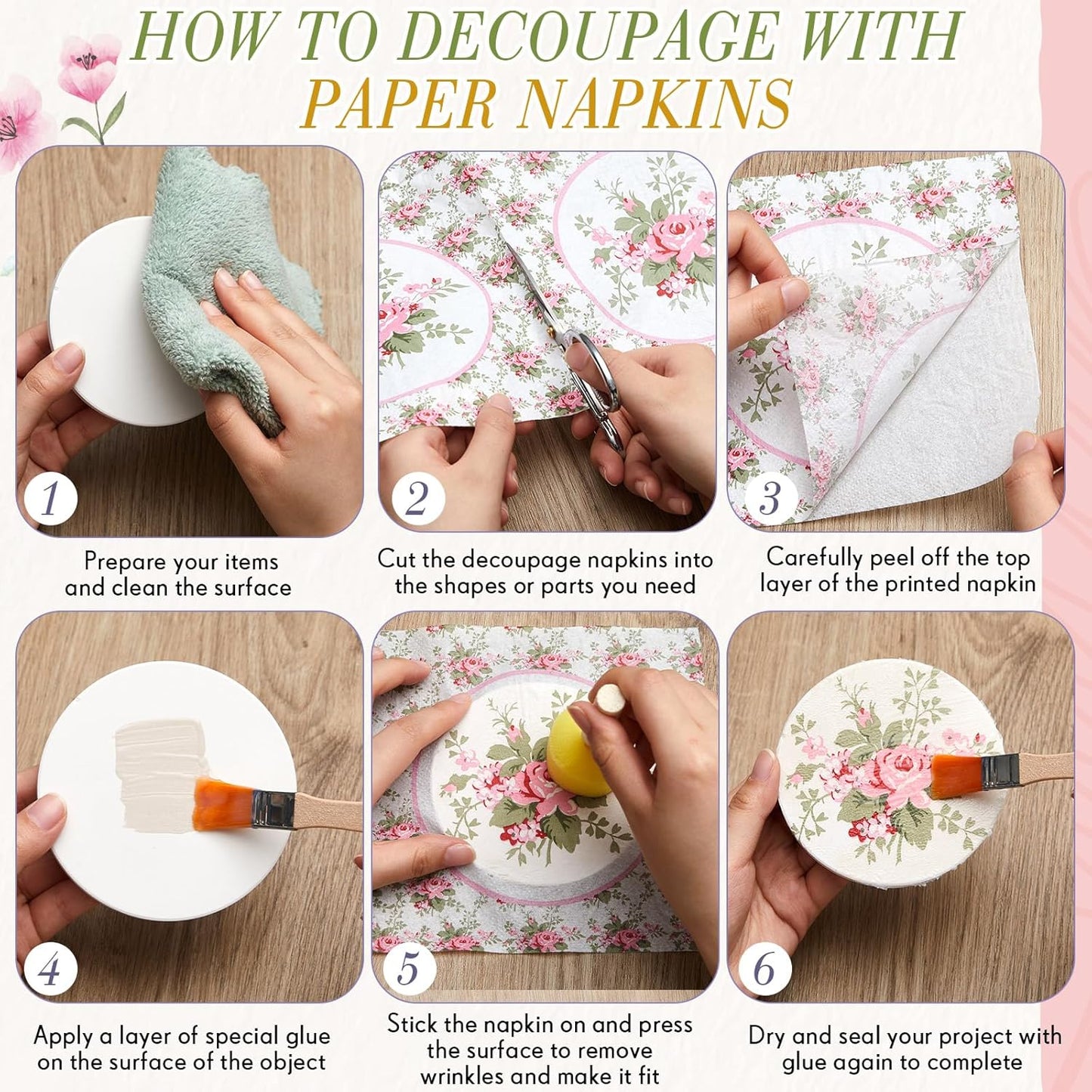 Crtiin 20 Pack Assorted Floral Napkins for Decoupage Toilet Napkins Flower Cocktail Decorative Paper for Birthday Party Beautiful Gorgeous, 20 Styles Each 6.5 inches(Style 3)