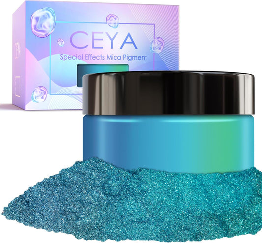 Ceya Highly Chameleon Mica Pigment, 1.8oz/ 50g Peacock Blue Teal Chrome Powder, Cosmetic Grade Pearlescent Effect Color Shift Pigment for Epoxy Resin, Makeup, Nail Polish, Soap Dye, Candle Making