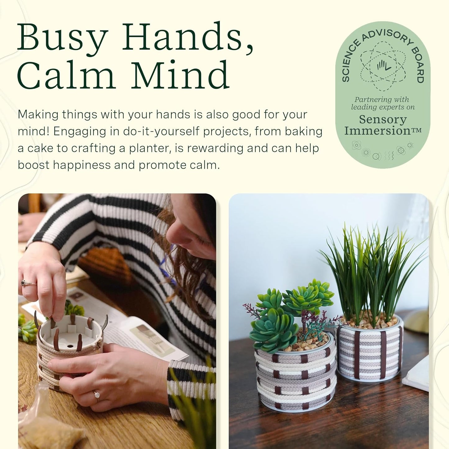 Lifelines FlowCrafts, Cord-Wrapped Planters - Create 2 Unique Planters with Cords in Multi-Colors, Leather Accents, Faux Plant Stems & Decorative Stones - Sensory Arts & Crafts Kit for Teens & Adults