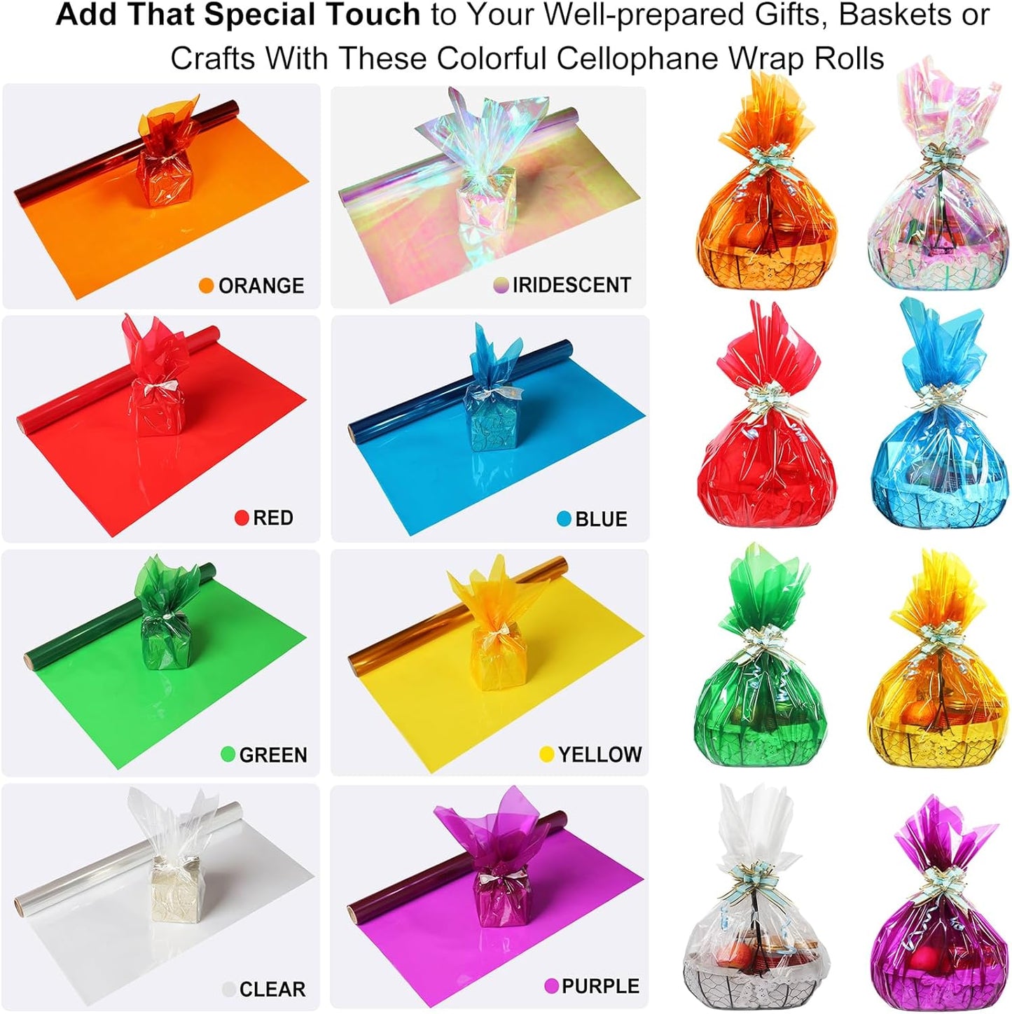 SYOGUA 8 Rolls Colored Cellophane Wrap, Extra Wide (34 in x 10 ft x 8 Colors) Cellophane Roll Transparent Color Cellophane Paper for Gift Baskets, Gift Wrapping, DIY Craft, Christmas Decoration