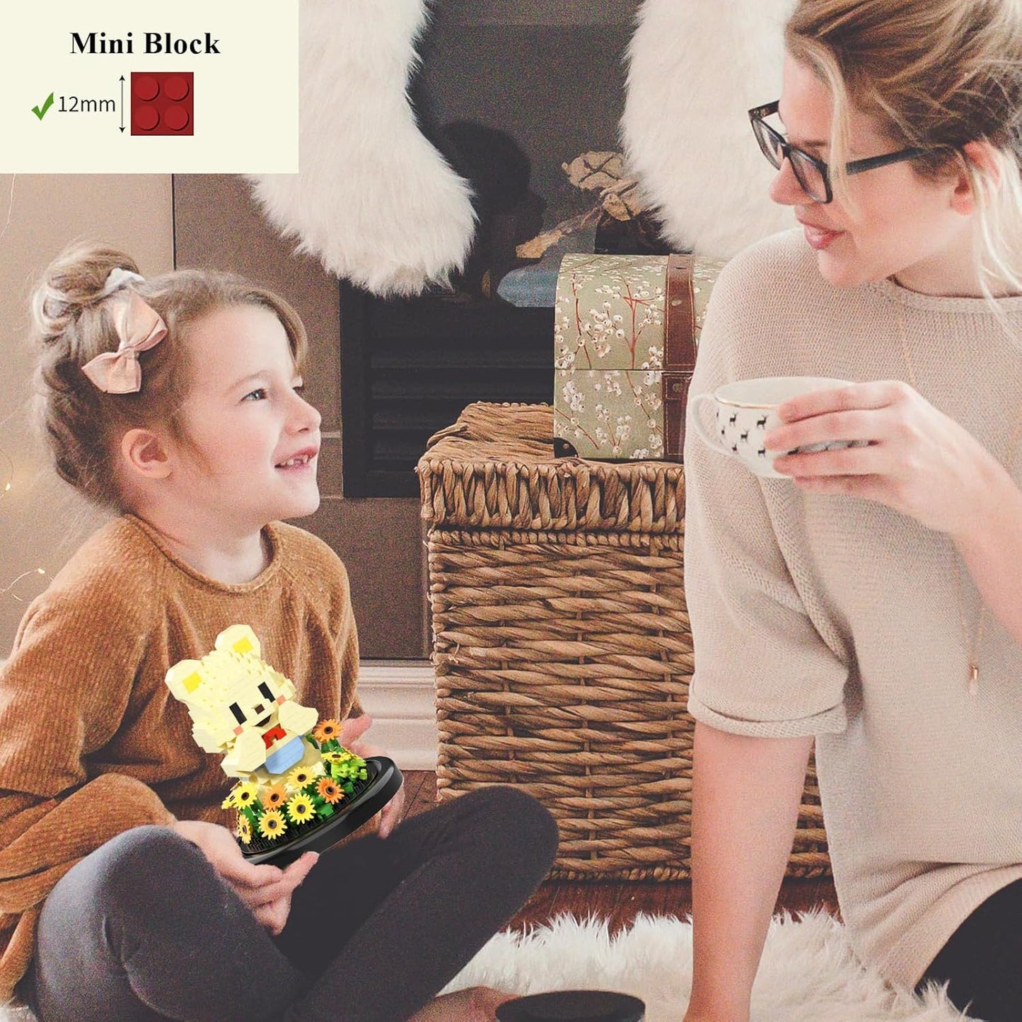 Artificial Flower Animal Toy Building Set for Adults,Mini Bear Plant Bonsai Tree,Botanical Collection Gift for Kids,Office Home Decor Building Block,Birthday Gift for Girls Women Mom(Sunflower)