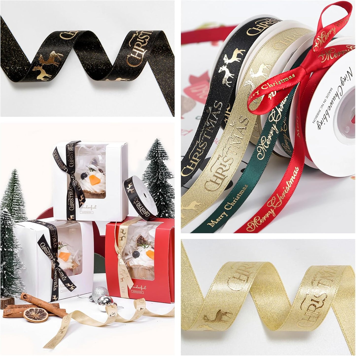 Christmas Gift Wrapping Ribbon, Red, Green, 2 Rolls Printed Grosgrain Ribbons for Crafts, Floral Bouquets, Sewing, Party and Festive Holiday Decor (2 Rolls(Black/Gold), 1 Rolls=5/8in * 5Yards)