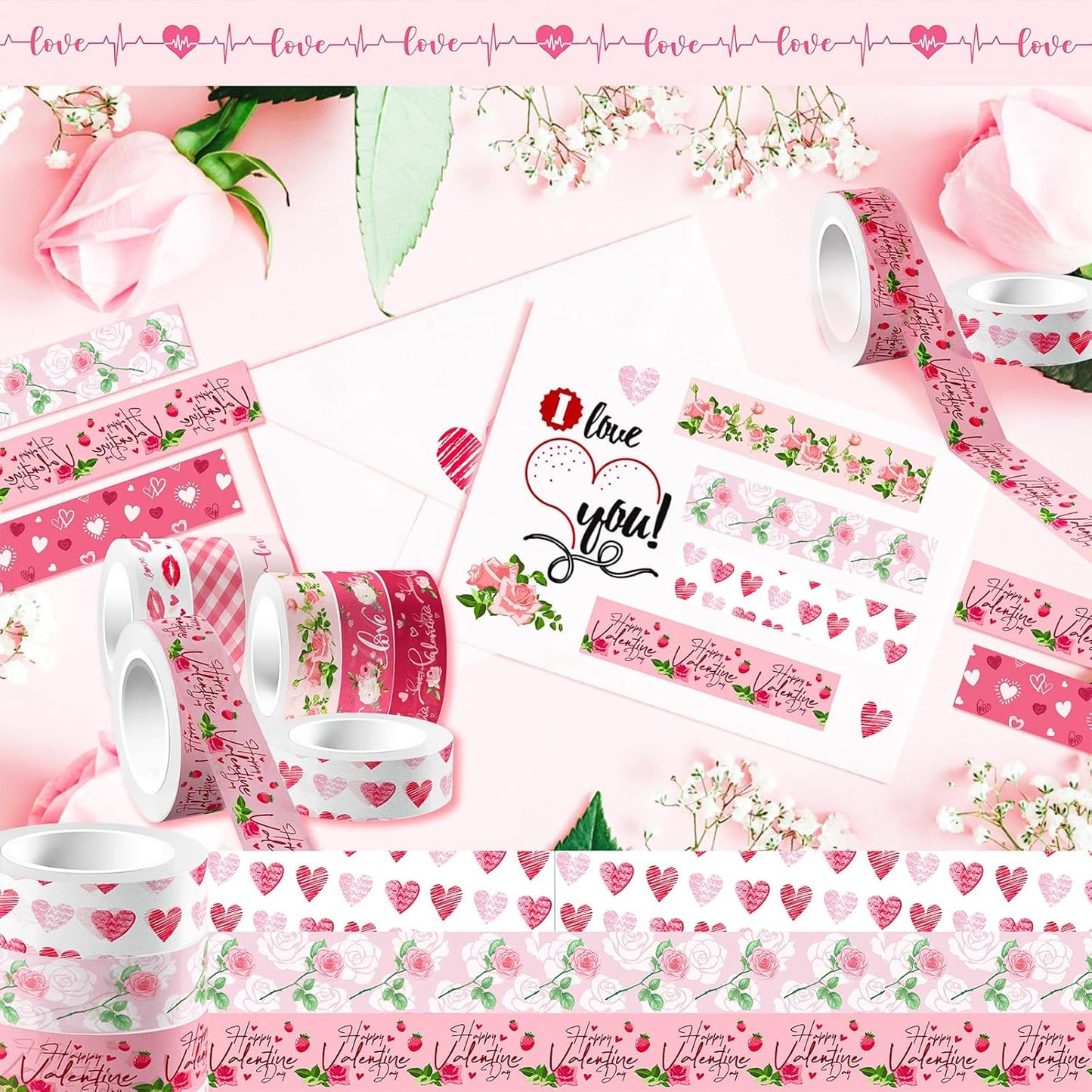 12 Rolls Pink Heart Washi Tape Set, Valentine's Day Love Heart Masking Tape Decorative Paper Tape for DIY Craft Wrapping Scrapbook Envelope Wedding Party,16.4FT