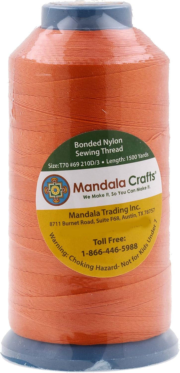 Mandala Crafts Bonded Nylon Thread Orange Heavy Duty Sewing Threads - 1500 YDs Size 69 210D T70 Tex 70 Thread for Leather Jeans Weaving Outdoor Marine Upholstery Threads