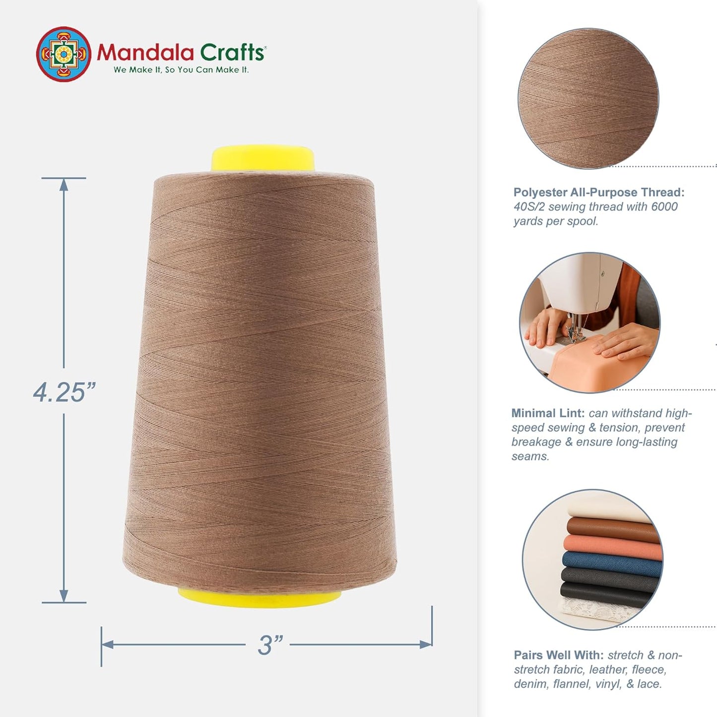 Mandala Crafts 4 Pack of Serger Threads Cones Spools - 40S/2 24000 Yards Polyester Mocha Threads for Sergers Machine and Overlock Quilting Sewing Machine