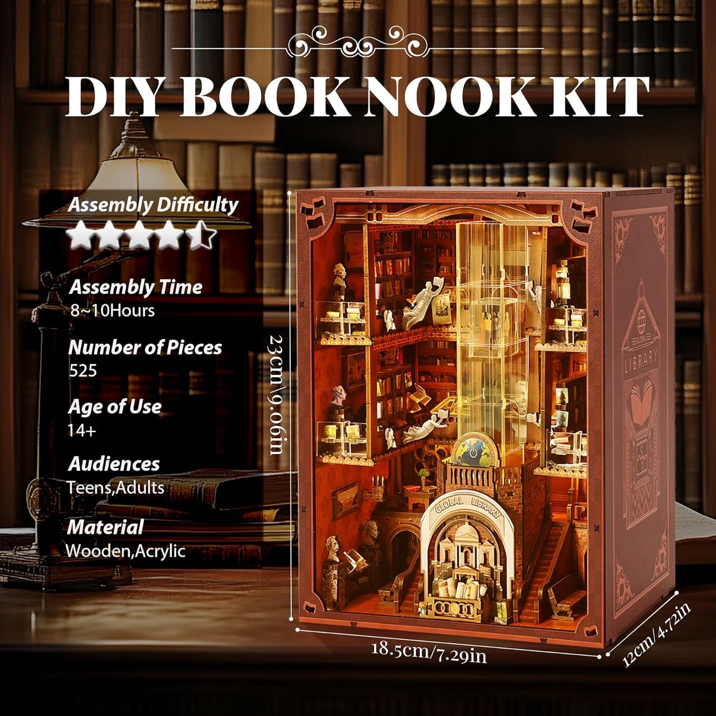 Book Nook Kit, Global Library Booknook with LED Light, DIY Miniature Dollhouse, Dual Power Options (Battery/Type-C), Unique Bookshelf Decor, Gift for Adults and Teens