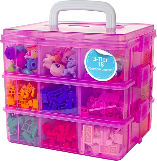 Bins & Things Bead Organizer with Adjustable Compartments - Durable Toy Organizers and Storage Solution for Dolls, Crafts, Mini Toy Figures, Jewelry and Beads - 3 Tier, 18 Compartments