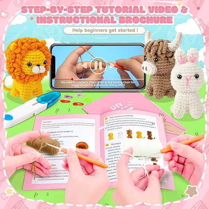 Fortuning's JDS Crochet Kit for Beginners, Amigurumi Crochet Animal Kits, Crocheting Kit for Starters Adult Kids with Step-by-Step Video Tutorials, Animal Kits with Highland Cow, Lion, Bunny