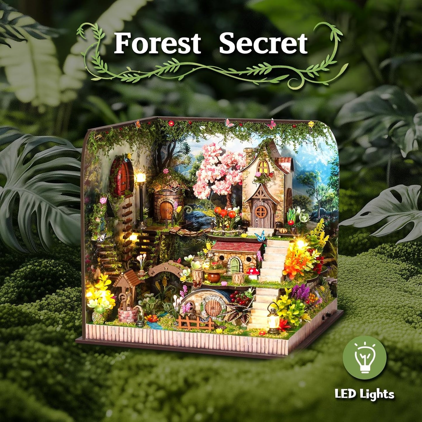 DIY Miniature House Kit, Forest Book Nook Kit with Music, 3D Wooden Puzzles for Adults, Dollhouse Kit with LED Light, Mini Building Kit, Craft Kit for Adults Teen to Build (Forest Garden)