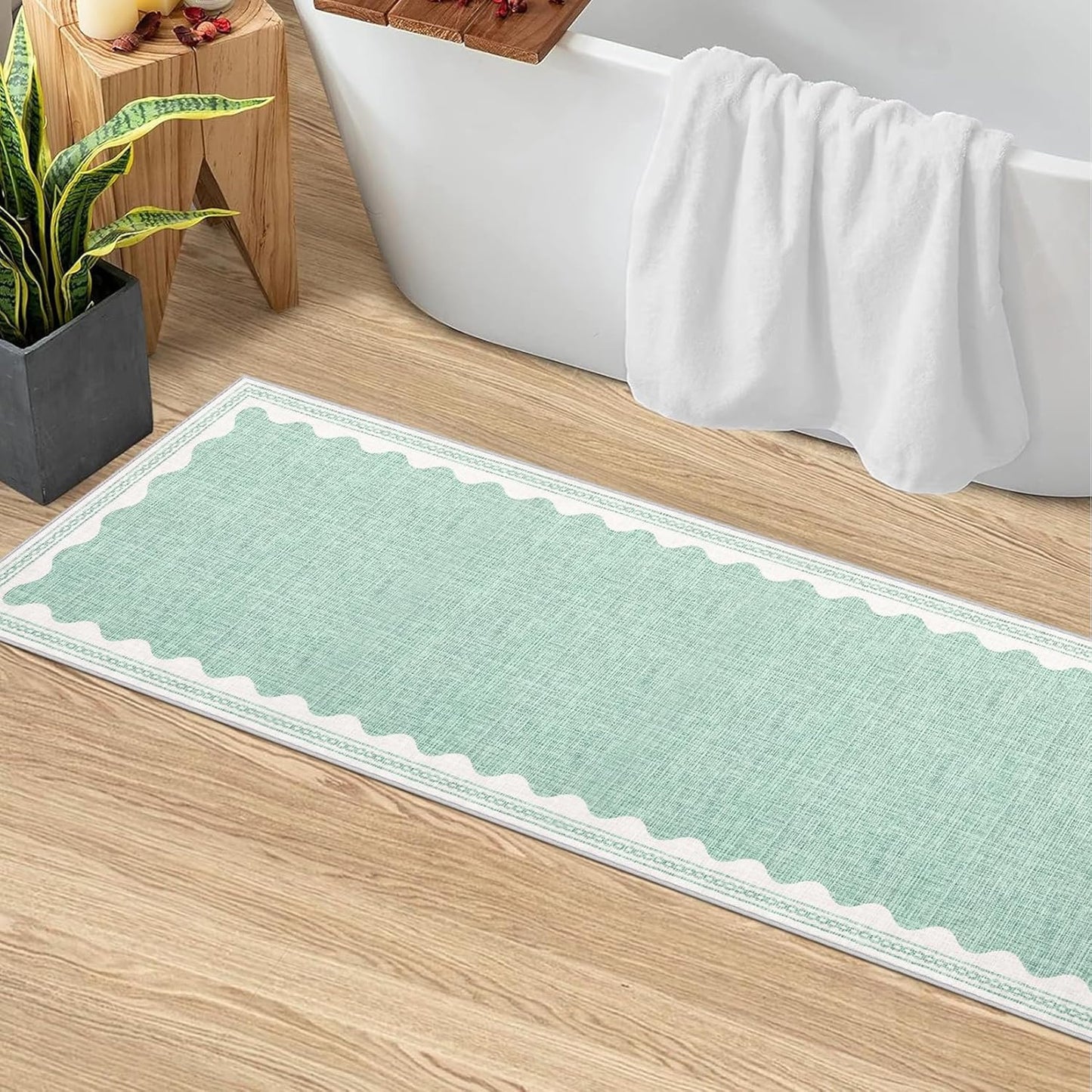 Scalloped Rug 2x6 Runners for Hallways, Solid Green Runner Rug Non Slip Scalloped Bath Runner, Washable Rugs for Bedroom Girls, Rugs for Kitchen Floor Soft Dorm Nursery Carpet for Bedside