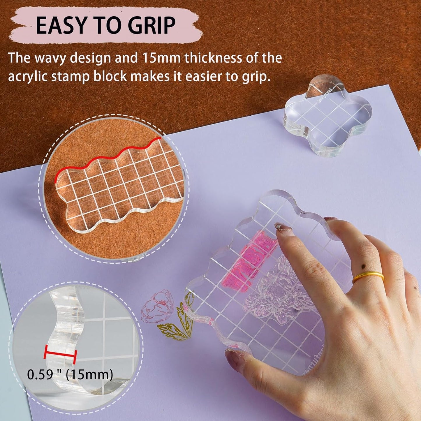 Sanfurney 4 Pieces Acrylic Stamp Blocks Set, 15mm Thick, Clear Stamping Tools with Grid Lines Decorative Stamp Blocks for Scrapbooking Crafts Card Making