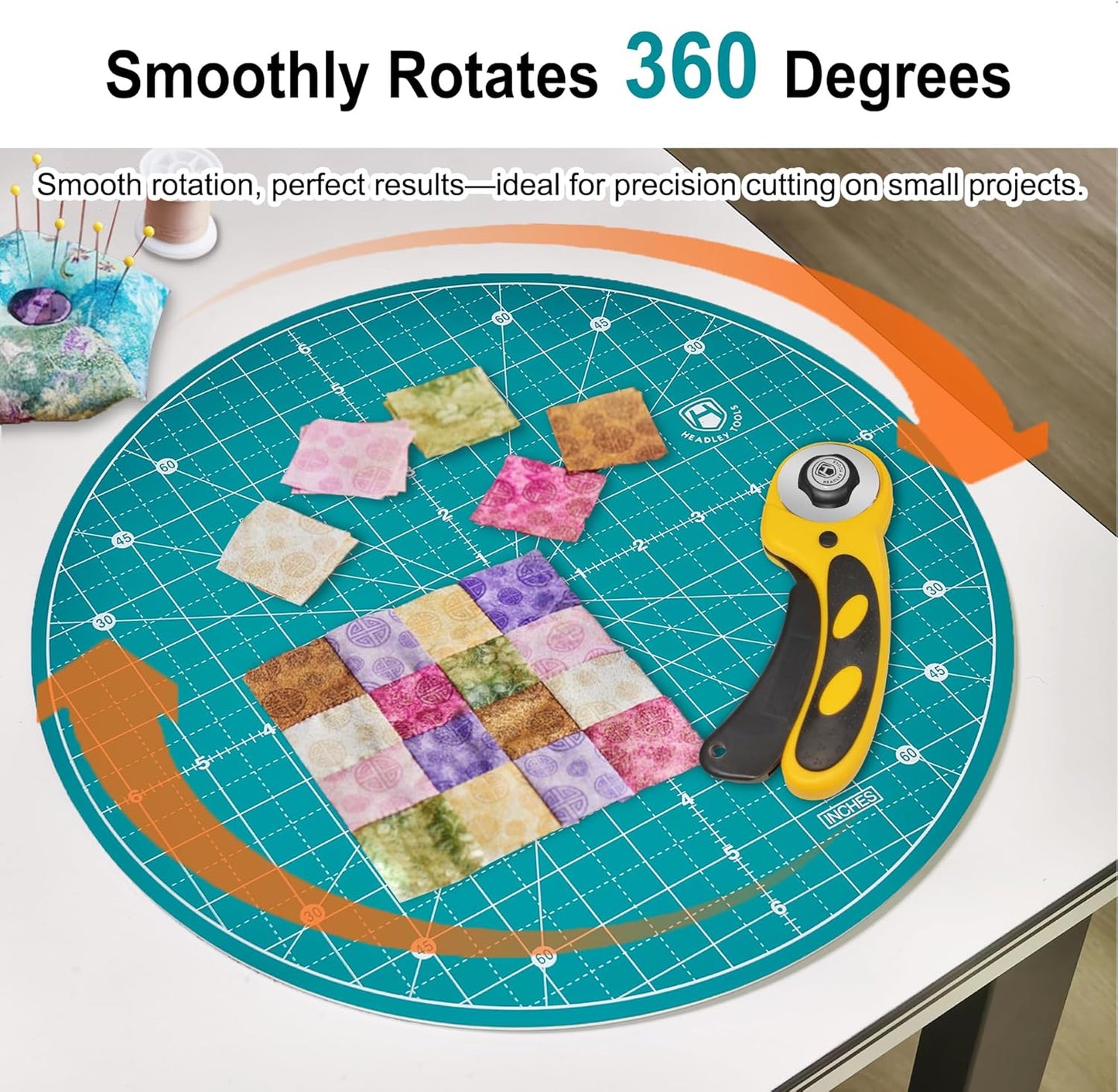Headley Tools 13"x13" Round Rotating Cutting Mat, Self Healing Mat with 360-Degree Rotation & Anti-Slip Base, Sewing Board Cutting Mat Perfect for Fabric Quilting Leather Hobby Project, Turquoise