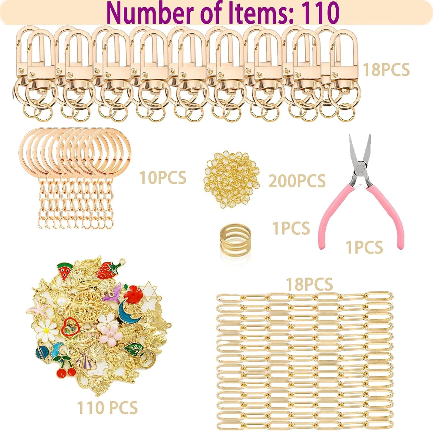MORWLAT 358 PCS Gold DIY Keychain Making Kit Cute Bag Charm Kit 110 Charms 28 Keychain Clips with Key Ring Swivel Snap Hook Lobster Claw Clasps 200 Jump Ring Jewelry Plier DIY Set Women Craft (110)