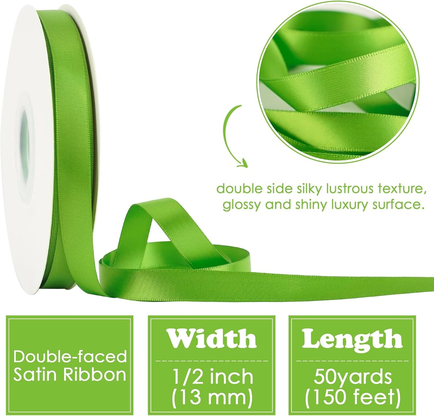 HUIHUANG Lime Green Satin Ribbon 1/2 inch X 50 Yards Continuous, Kiwi Green Double-Faced Satin Ribbon for Gift Wrapping, Bows, DIY Crafts, Flower Bouquet, Wedding Decor, Christmas Decoration