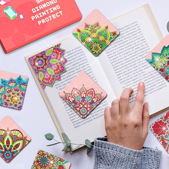 8 PCs Diamond Art Corner Bookmarks Leather Dimond Painting Book Mark Kit for Adults Paint by Dots Bookmarkers Craft DIY Gem Small Dotz Gifts for Women Mandala Flower Pink Lotus