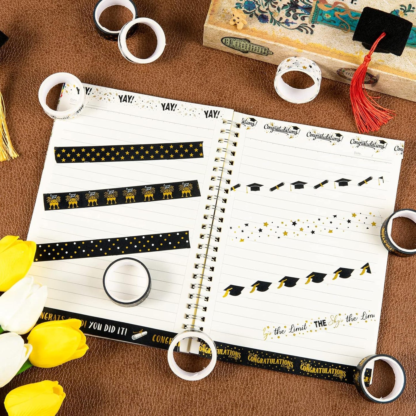 Whaline 12 Rolls Graduation Washi Tape Black Foil Gold 2025 Grad Washi Masking Tape Grad Cap Congratulations Decorative Paper Sticker for Graduation Scrapbook DIY Art Crafts Gift Wrapping