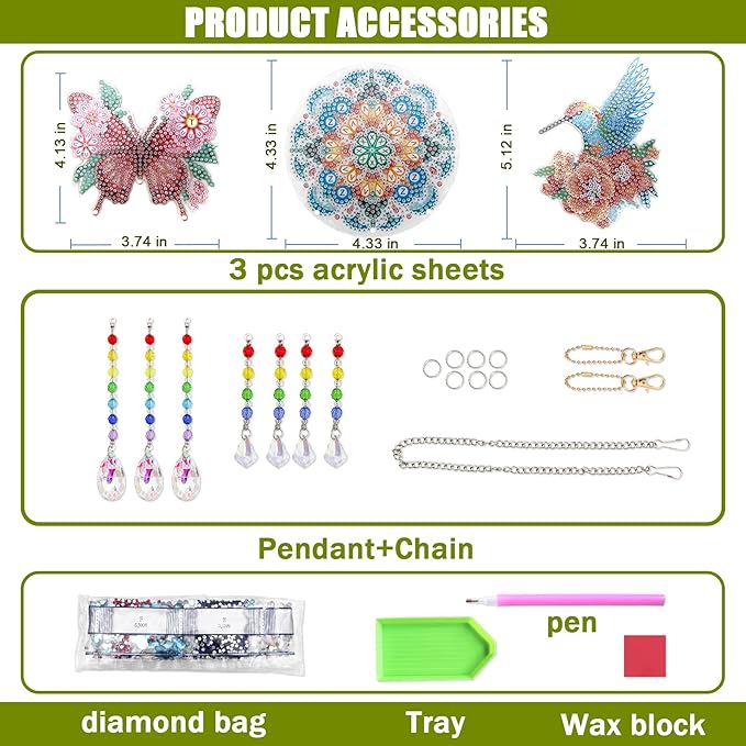 Diamond Art Kits for Teens/Adults/Beginners | Girl & Boys DIY Arts & Crafts Birthday Gifts, 3 PCS Diamond Art Suncatcher Craft Kit Crystal Window Garden Decor Set (Hummingbird Butterfly)
