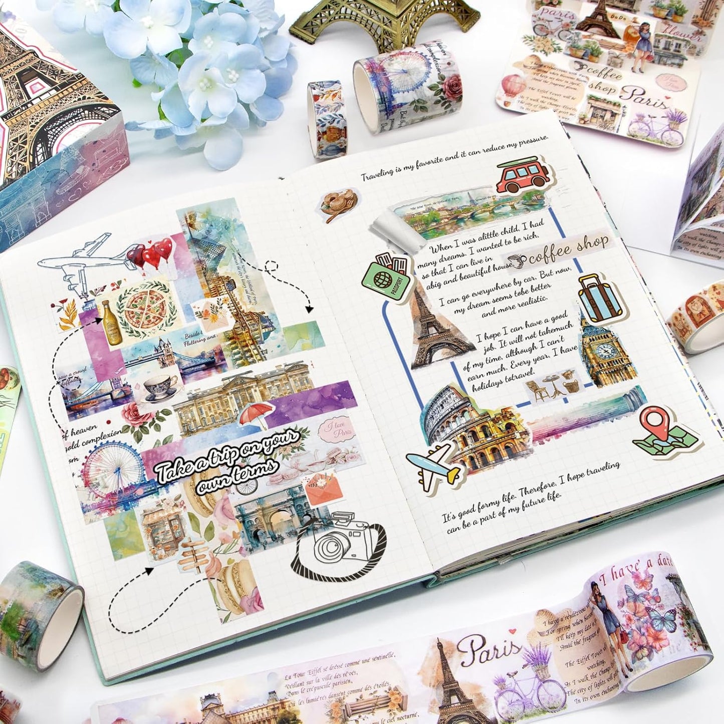 MPOPUUL Washi Tape Set 18 Rolls - European Tourism Decorative Adhesive Masking Tape for Journaling, Vintage Colored Tape for Junk Journaling Supplies, Scrapbooking Supplies, DIY Crafts, Planner