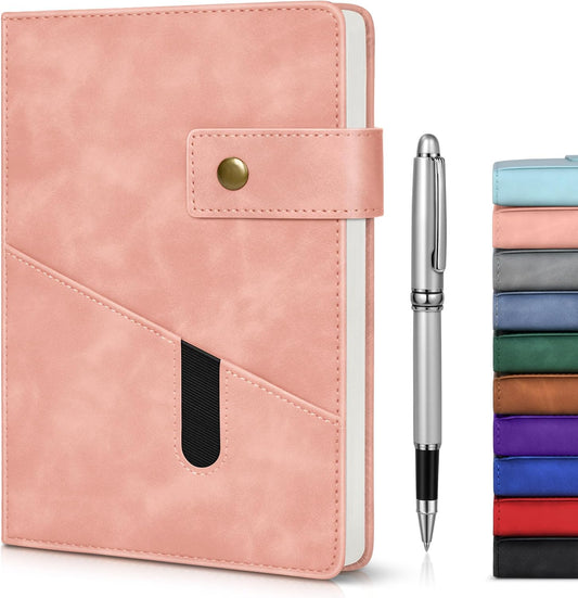 Pink A5 Lined Leather Journal Notebook for Men Women,5.9" X 8.4" Personalized Hardcover Journal with Pen,200 Pages 100 Gsm Thick Ruled Paper Daily Diary for Travel,Business,Work,Writing