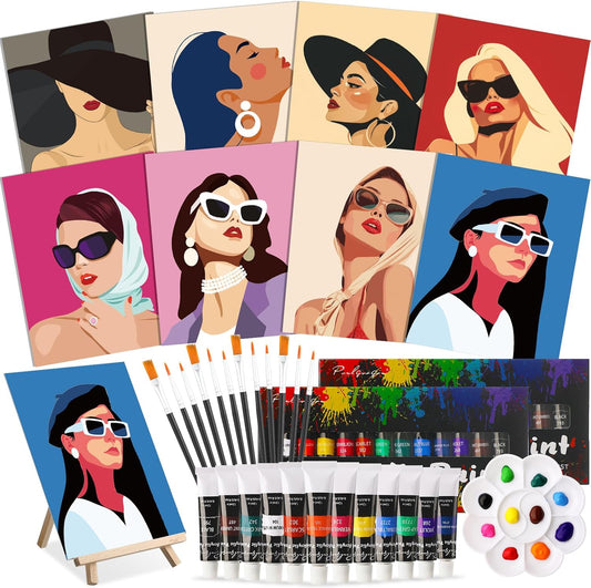 Cholemy 36 Pcs Paint and Sip Kit for Adults 8''x10'' Pre Drawn Canvas for Painting DIY Afro Acrylic Painting Kit Wood Easel Brushes Date Night Bulk for Christmas Party Gifts(Modern Woman)