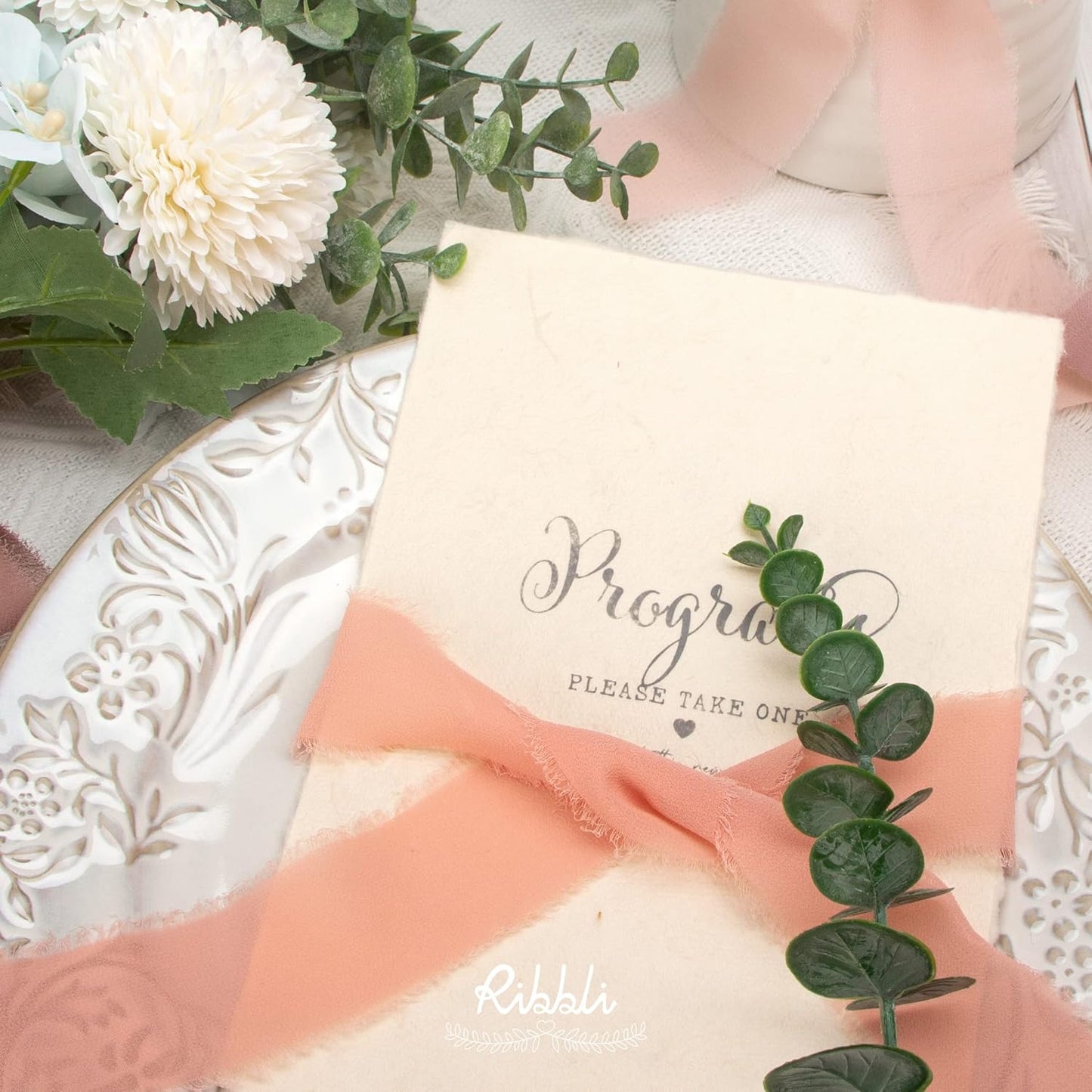 Ribbli Dusty Pink Chiffon Ribbon 1-1/2 inch x 20 Yard Handmade Fringe Chiffon Silk Ribbon for Wedding Invitations, Bridal Bouquets Wrapping, Flower Arrangement Decoration