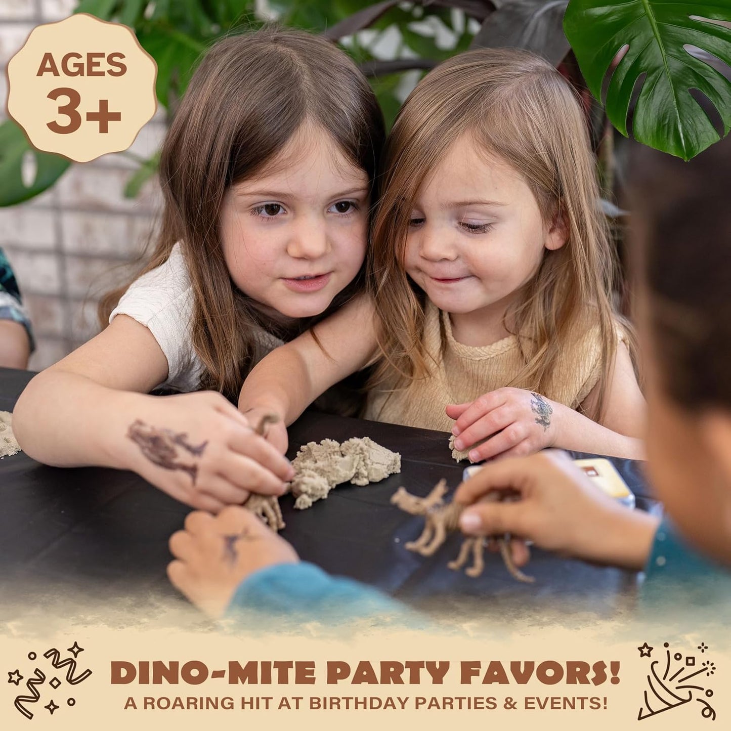 Dinosaur Party Favors for Kids Pack of 10 - Dinosaur Fossils & Quartz Sand Jars - Sensory Sand for Kids to Dig Up Dino Bones - Includes Customizable Dino Decorations, Cupcake Toppers & Labels