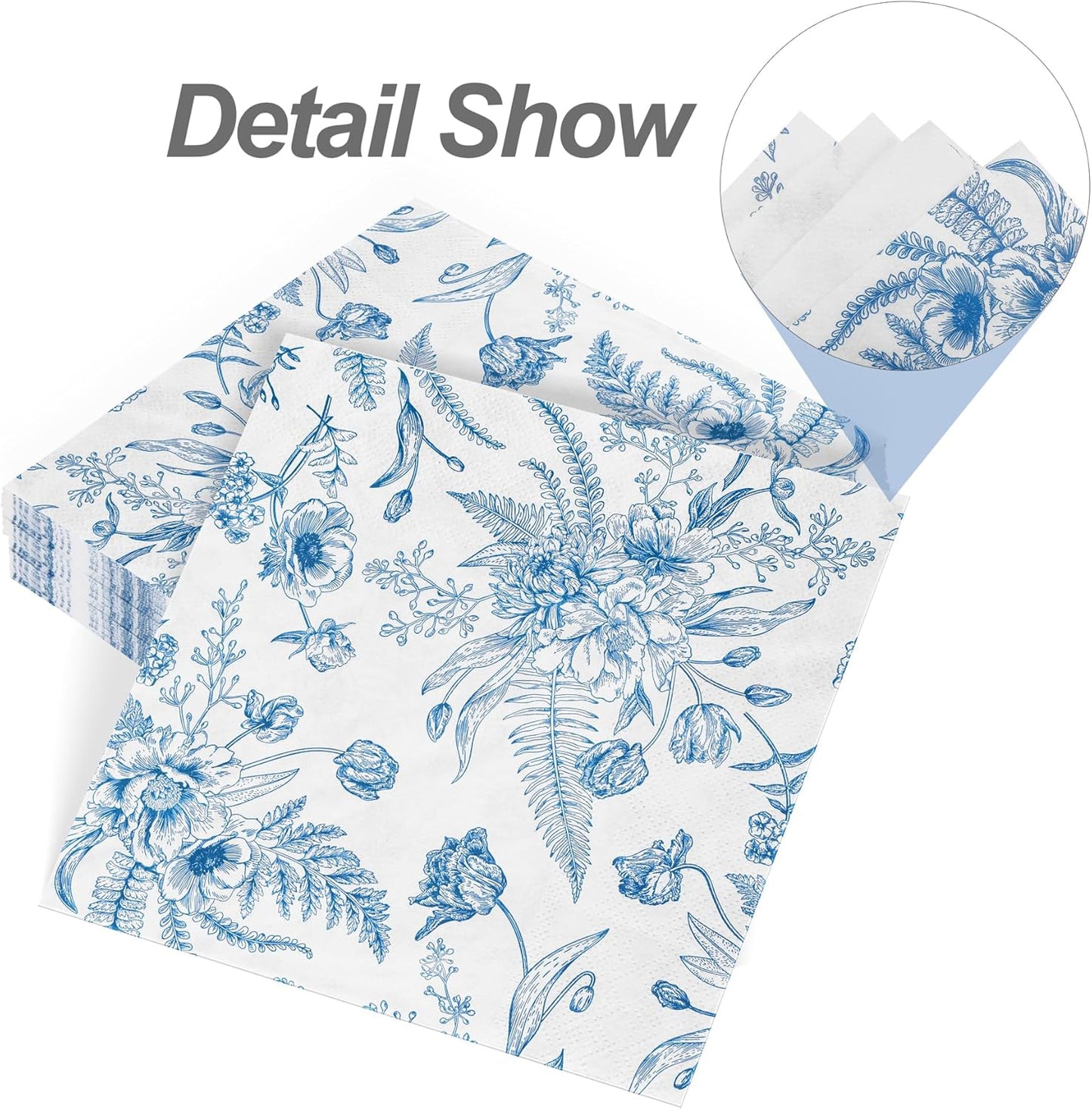 Aodaer 48 Pieces Floral Paper Napkins Disposable Blue Floral Napkins Blue and White Cocktail Dinner Napkin Set 13" x 13" Unfolded Decoupage Tableware Napkins for Garden Party Supplies