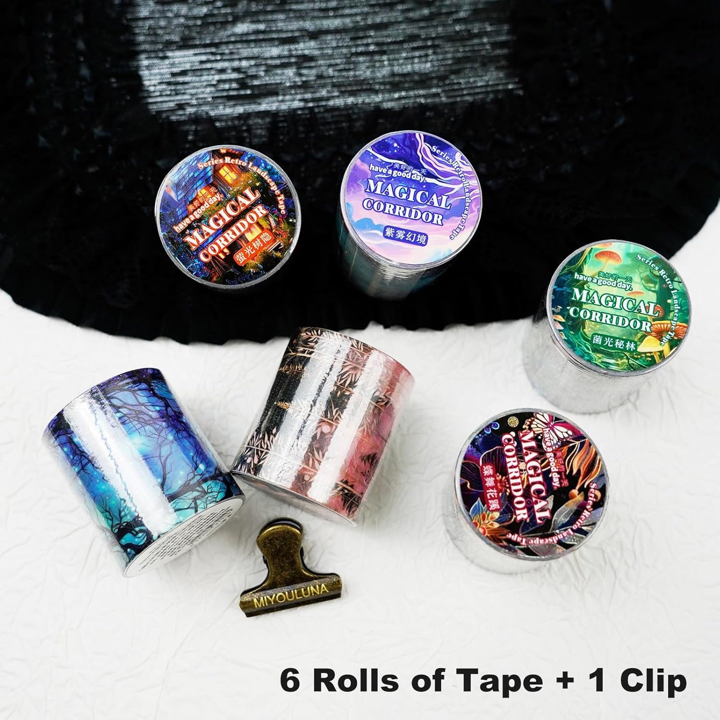 6 Rolls Fantasy Washi Tape Set – Non-Repeat Magical Forest and Galaxy Designs for Scrapbooking, Journaling, Planner, DIY Crafts with Storage Clip