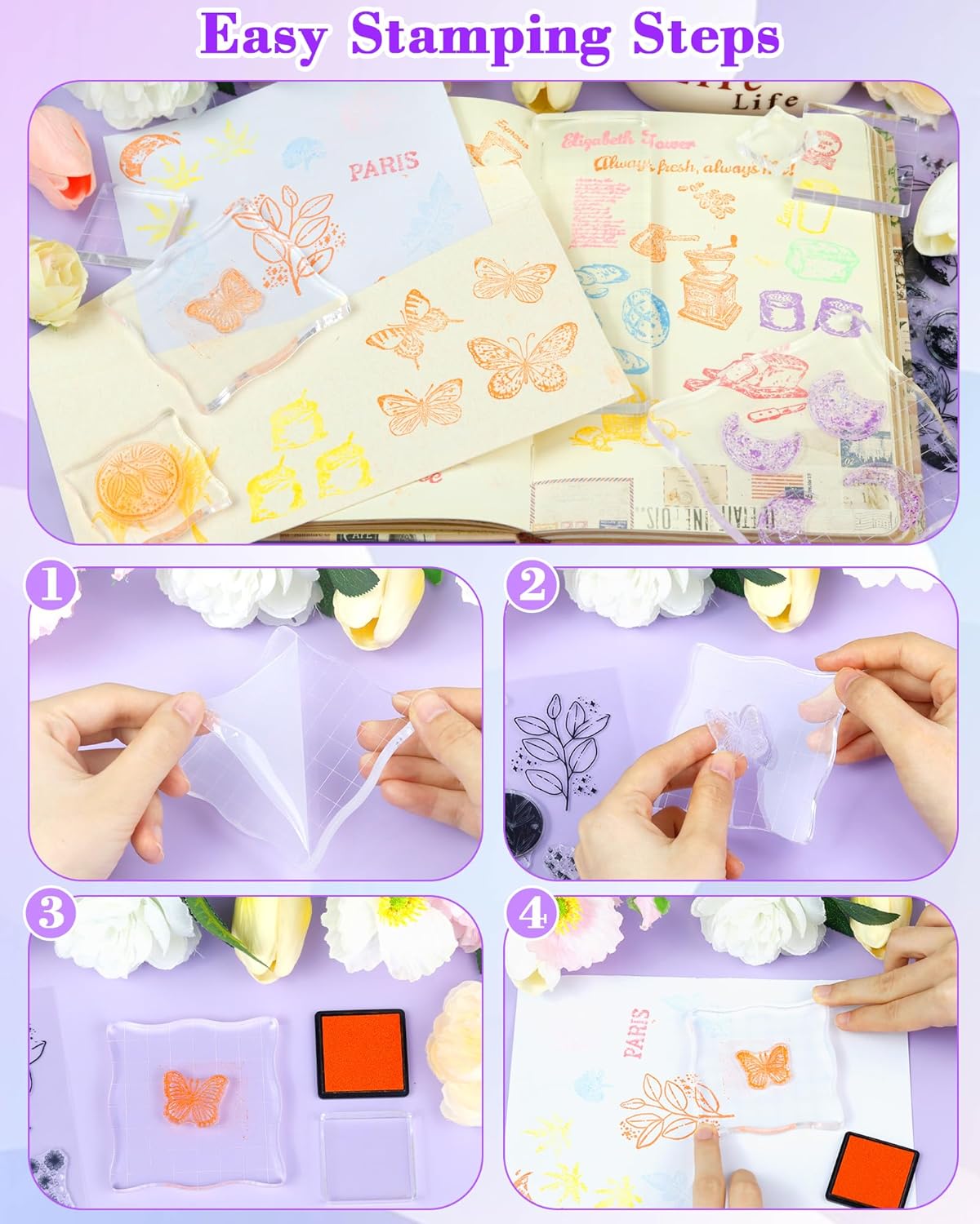 7 Pieces FIVEIZERO Acrylic Stamp Block, Assorted Sizes Clear Stamping Blocks Tools with Grid Lines for Scrapbooking Crafts Card Making and Decorative DIY Essential Stamping Tool(Lace Edge)