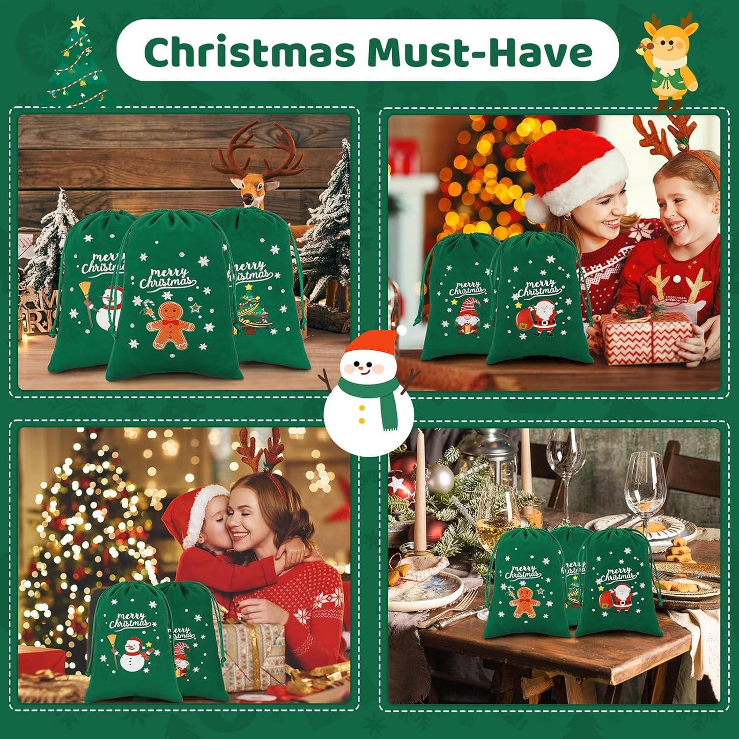 Tapleap Coth Christmas Bags with Drawstring - 50Pcs 5x7 Green Velvet for Wrapping Christmas Party Favors or Gifts for Friends, Children, Coworkers, Small Bussiness Products