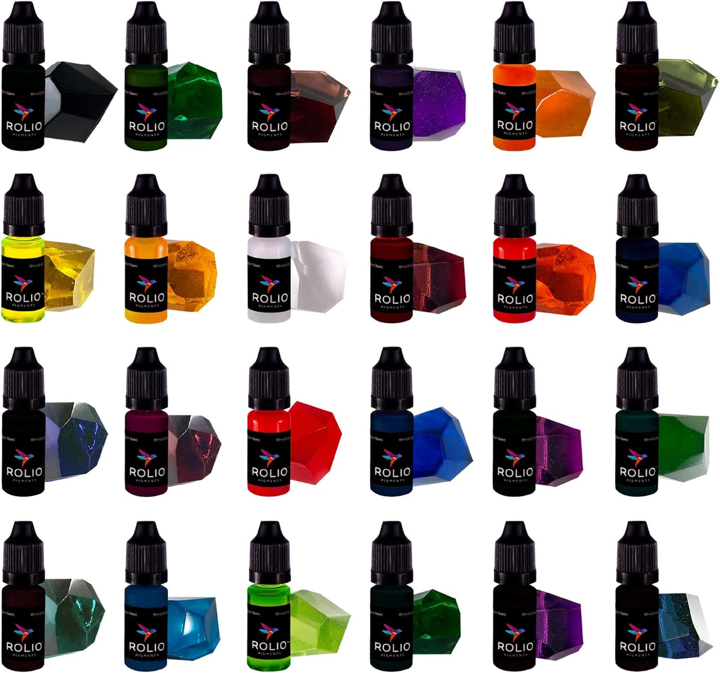 Rolio Pigments Resin Liquid Pigment Transparent Colors - 24 Vibrant Colors for Epoxy Resin, 3D Printer, Jewelry Making, Paint, Art Works, DIY Crafts - 0.33 oz/10 ml Each