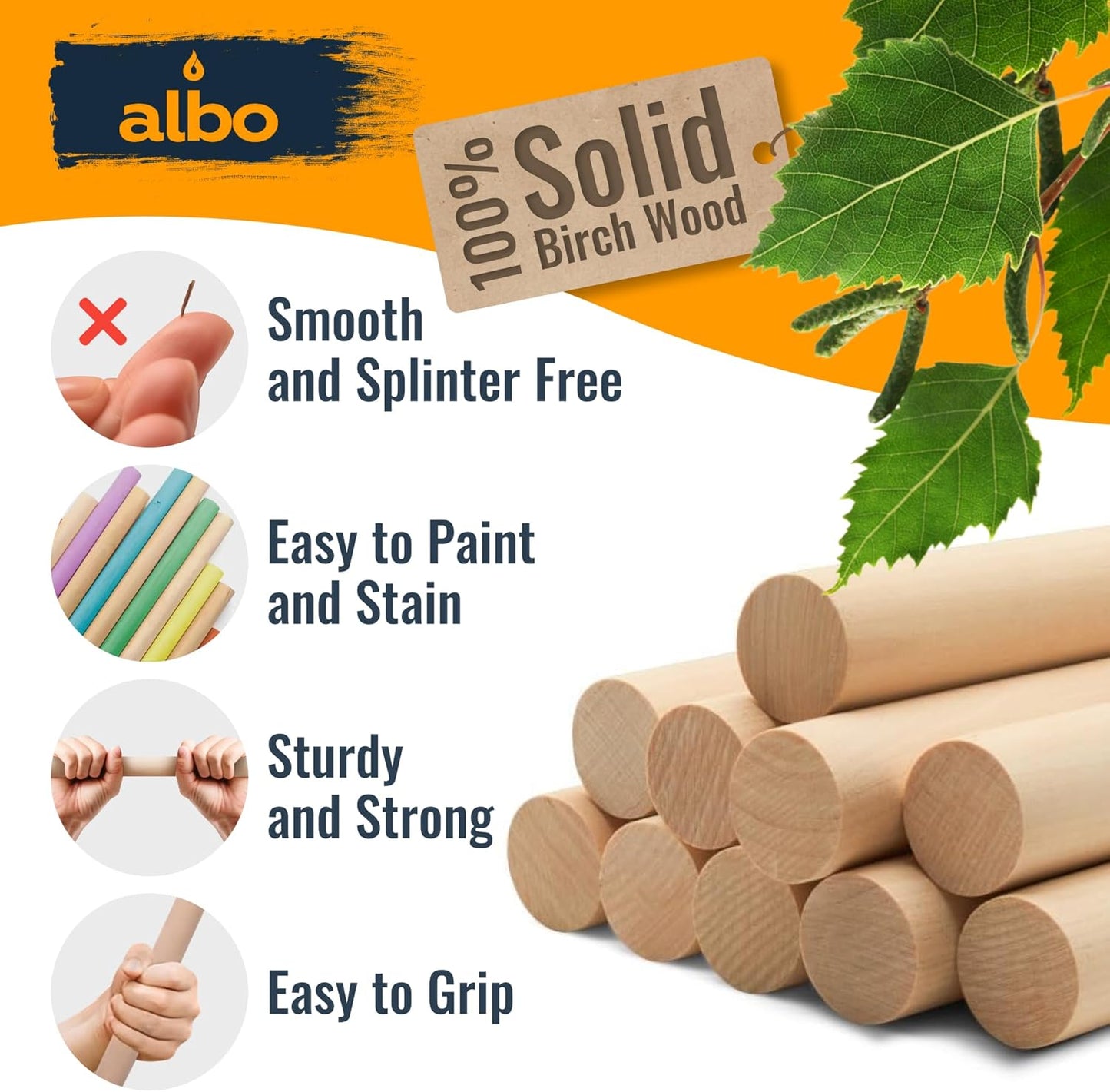 ALBO 1" x 36" Wooden Dowel Rods Set - 2 Pack Birch Natural Long Hardwood Craft Sticks Railings Supports Garden Structures Sanded Smooth Versatile Woodworking Furniture Decor DIY Projects