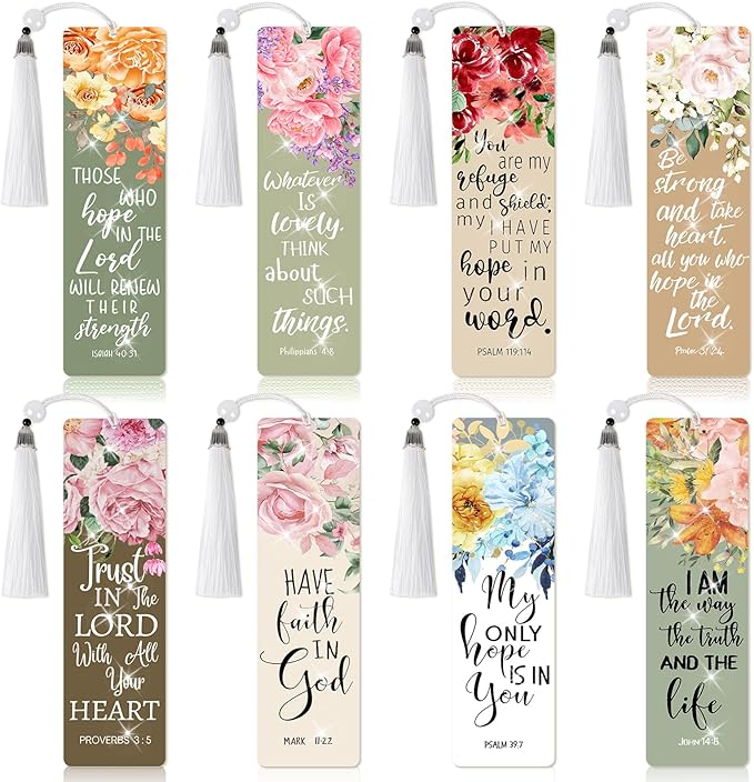 8 Pieces Christian Bible Verse Diamond Art Bookmarks 5d Christian Beaded Bookmark Acrylic Tassel Bookmark for DIY Making Beginners Kids Adults Arts Craft Supplies (Floral Christian)