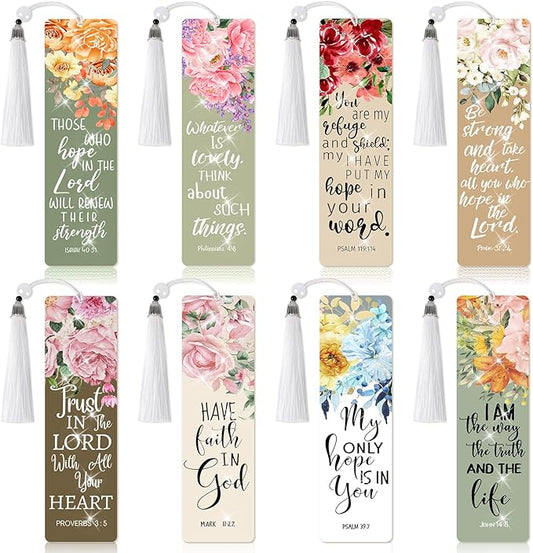 8 Pieces Christian Bible Verse Diamond Art Bookmarks 5d Christian Beaded Bookmark Acrylic Tassel Bookmark for DIY Making Beginners Kids Adults Arts Craft Supplies (Floral Christian)
