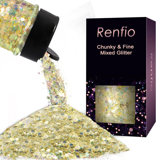 Renfio Opal Chunky Glitter, 1.75oz/50g Gold Glitter, Dreamy High Sparkle Glitter for Crafts Holographic Fine Glitter Mix Iridescent Glitters Flake for Resin Nails Hair DIY Snow Globe - Lakeside Leaf