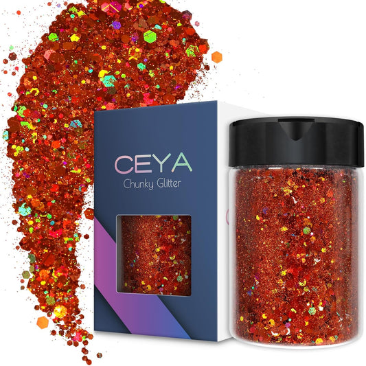 Ceya Holographic Chunky Glitter, 4.9oz/ 140g Bronze Craft Glitter Powder Mixed Fine Flakes Iridescent Nail Sequins for Nail Art, Hair, Epoxy Resin, Tumblers, Slime, Painting, Festival Decor