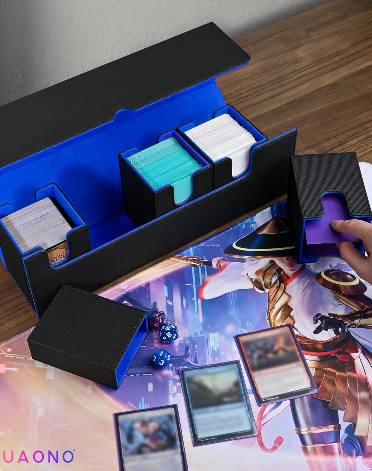 Card Deck Box with Dice Tray for MTG, 5 in 1 Card Deck Case Holds 800+ Unsleeved Cards, Strong Magnet Organizer Compatible with Yugioh TCG Sports Cards (Black Blue)