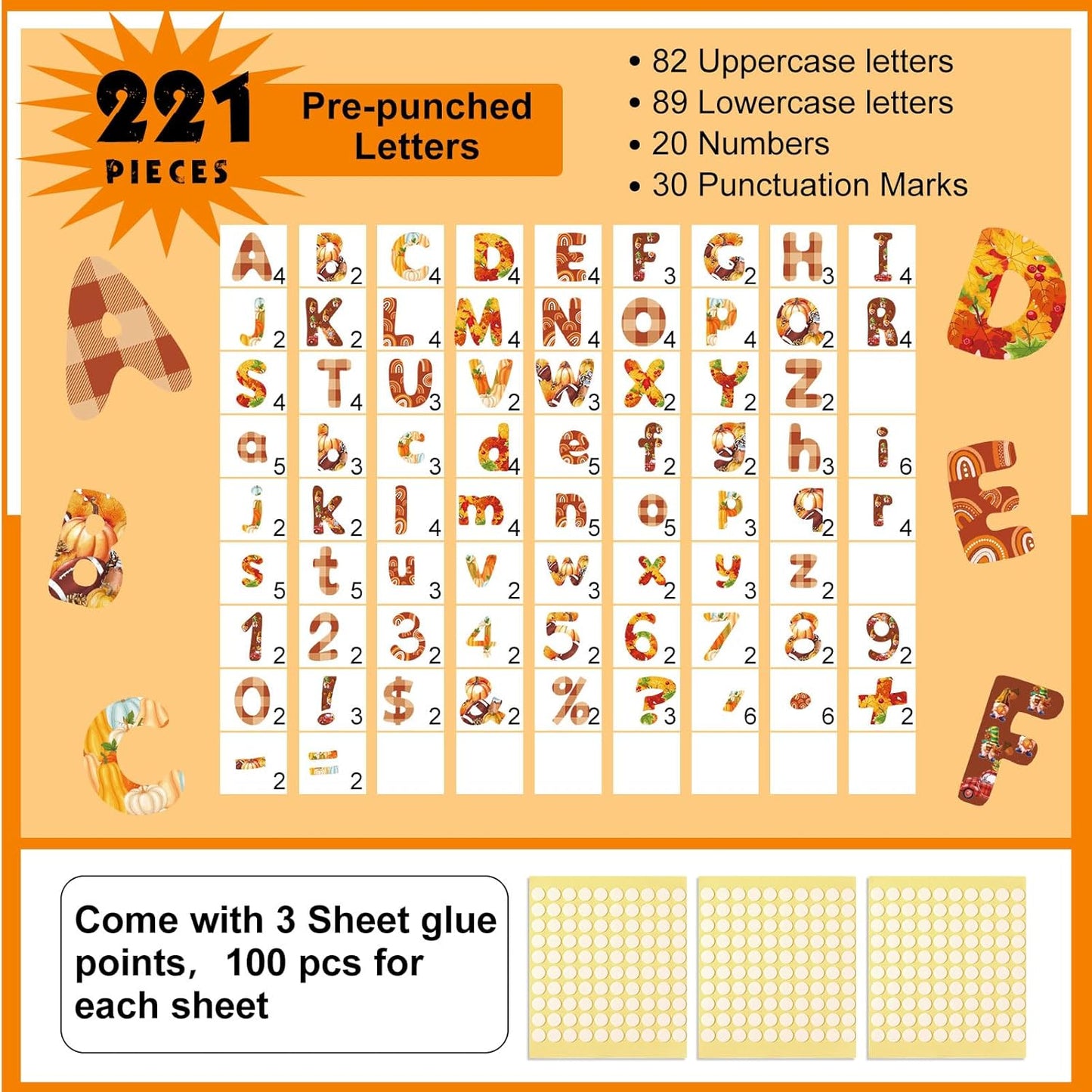 221 Pcs Bulletin Board Letters Round Alphabet Number Punctuation Symbol Combo Letter Cutouts Classroom Decoration for School Classroom Chalkboard Poster Board(Fall Round)