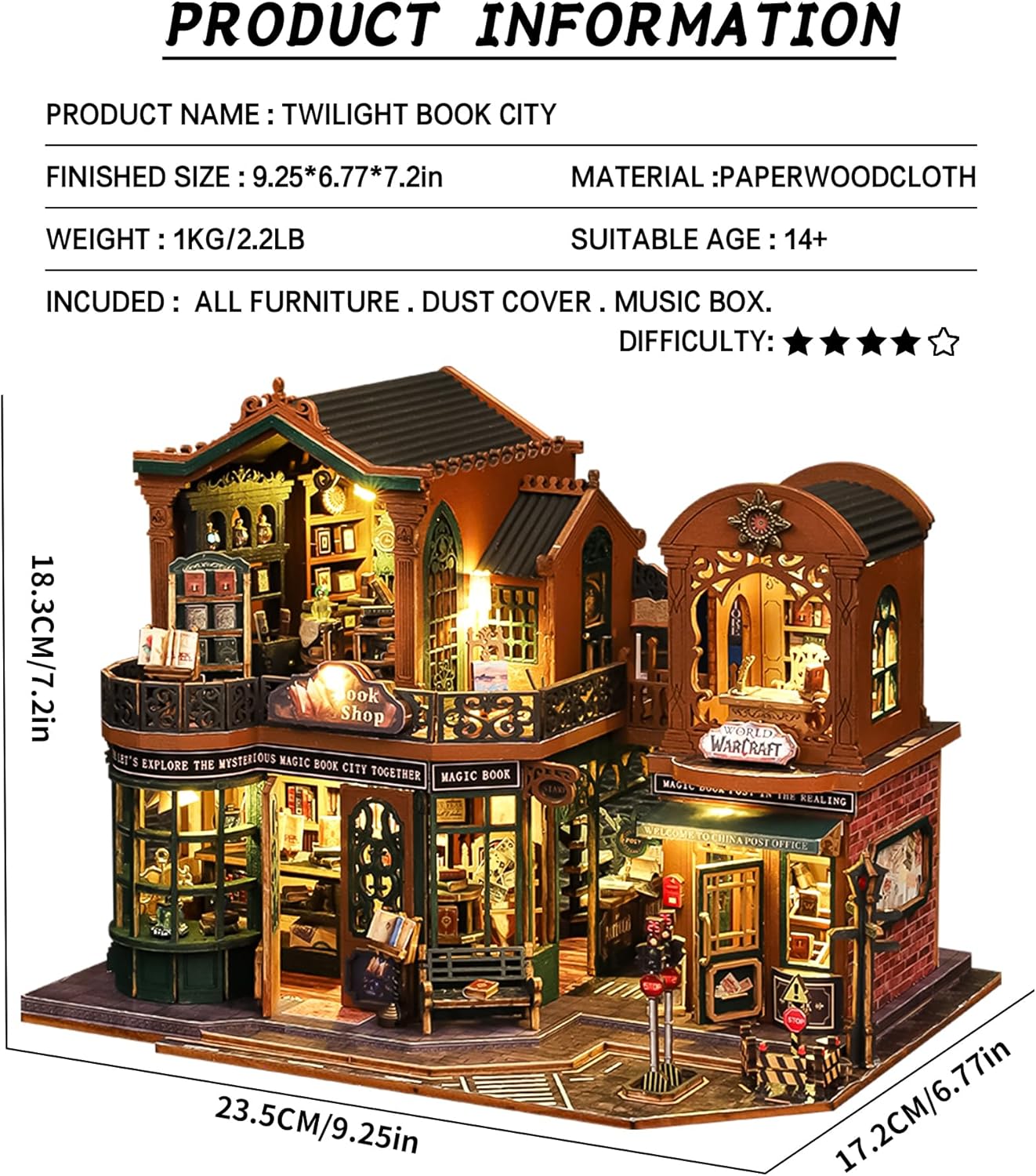 DIY Dollhouse Miniature House Kit,DIY Kit Mini House Model Comes with dust Cover and Music Box, Best Christmas Birthday Gift for Lovers Boys and Girls（Twilight Book City