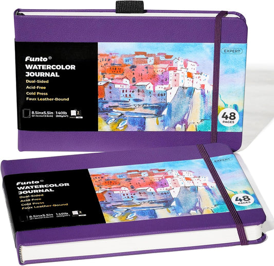 Funto Watercolor Journal, 8.5x5.5, 2 Pack, 48 Pages Each, Purple Leather Cover, Cold-Pressed, Inner Paper Pocket, Art Supplies for Mixed Media