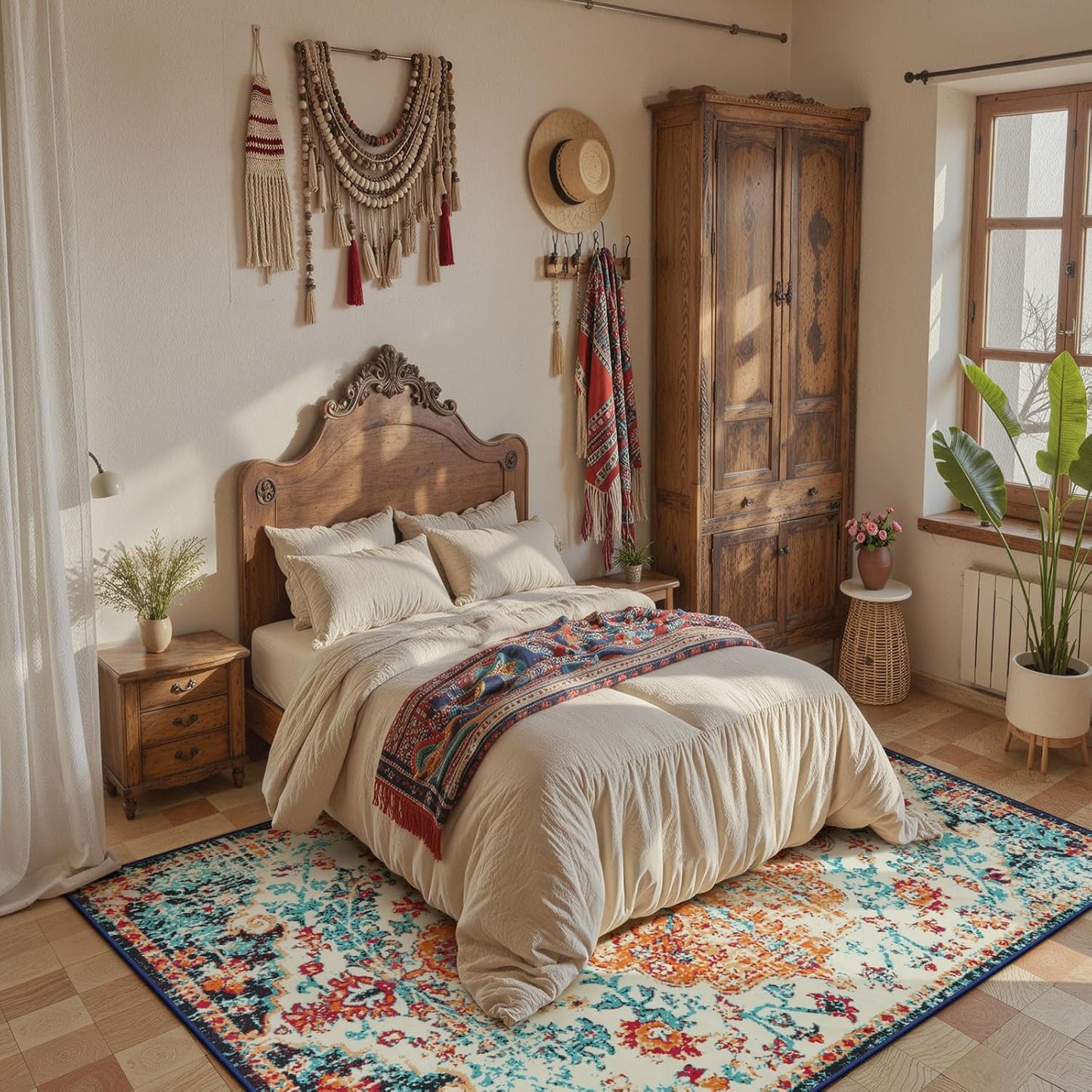 Lahome Bohemian Floral Medallion Area Rug - 5x7 Oriental Distressed Large Bedroom Rug, Soft Non-Slip Washable Dining Room Mat Indoor Throw Nursery Floor Carpet for Guest Room Entryway