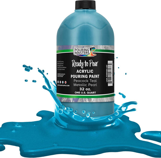 Pouring Masters Peacock Teal Metallic Iridescent Pearl Ready to Pour Acrylic Pouring Paint - Premium 32-Ounce Pre-Mixed Fluid Acrylic Paint - Fluid Art Supplies for Canvas, Wood, Paper, Tile & Rocks