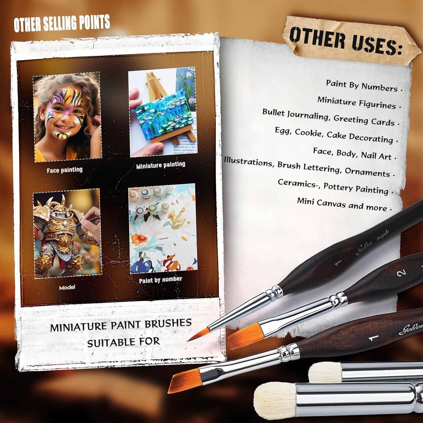 Detail Paint Brushes Dry Brushes, Golden Maple 10PC Flat Miniature Dry Paint Brushes Fine Detail Paint Brush Set for Acrylic, Oil, Watercolor & Figurine