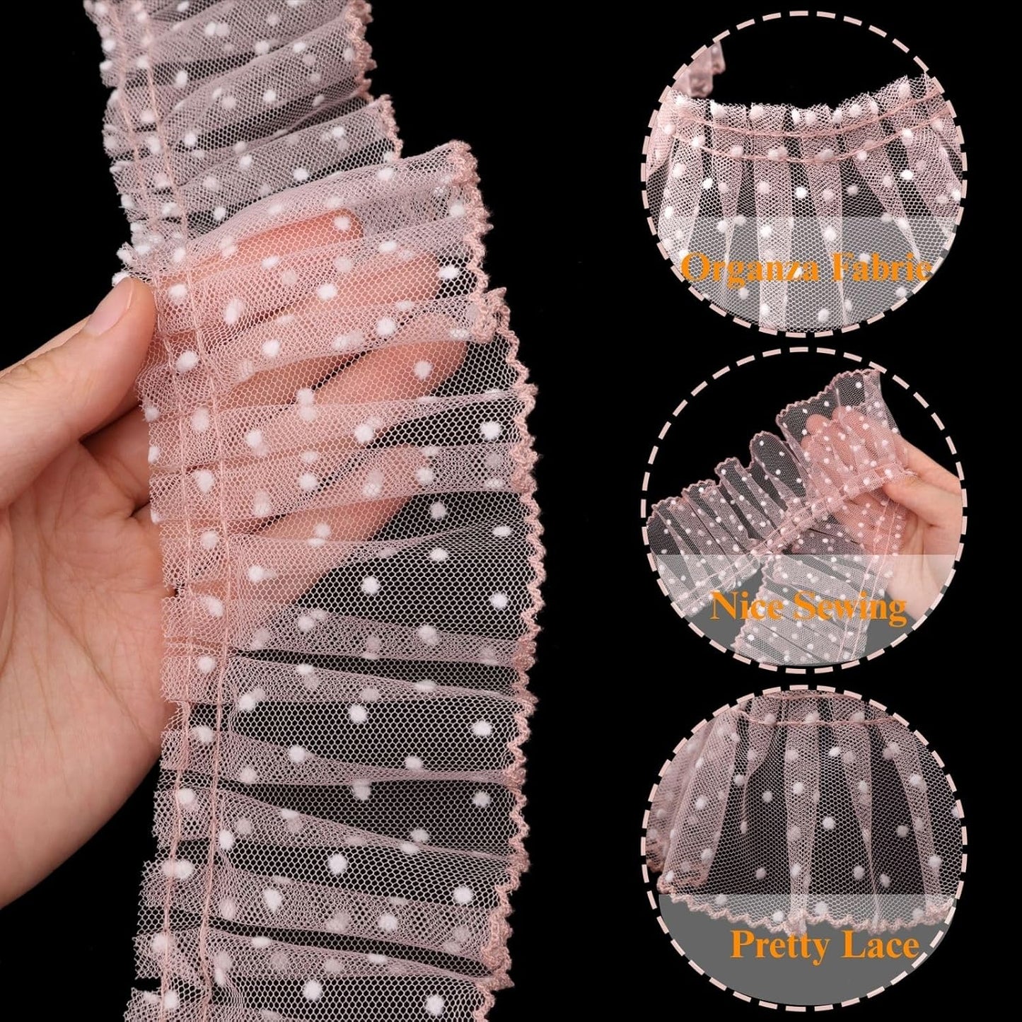 Dots Lace Ruffle Trim for Sew, Crafts 2.4" x5yd Single Layer Pleated Edge Lace Ribbon (Shellpink)