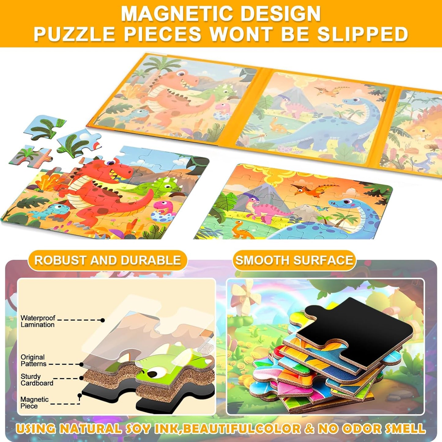 Magnetic Puzzles for Kids Ages 3-5, 3 in 1 Dinosaurs Magnetic Jigsaw Puzzle Book, Travel Puzzles Toys for Toddlers 3-8 Year (Dinosaur World)