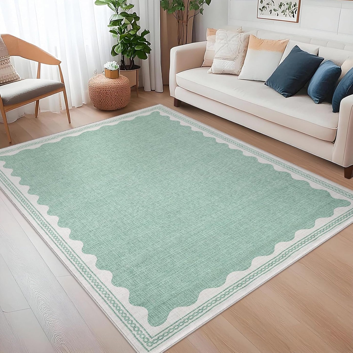 Scalloped Washable Rug 5x7 Area Rugs for Living Room, Solid Green Rug for Bedroom Girls, Non Slip Scalloped Rugs Throw Mat with Rubber Back, Soft Dorm Nursery Low Pile Carpet for Dining Room