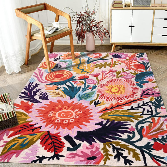 Handmade Wool Floral Area Rug for Living Room | Elegant Flower Garden Design, Soft, Thick and Durable | Bedroom, Dining Room & Home Decor Carpet (2.6' x 8', Floral E)